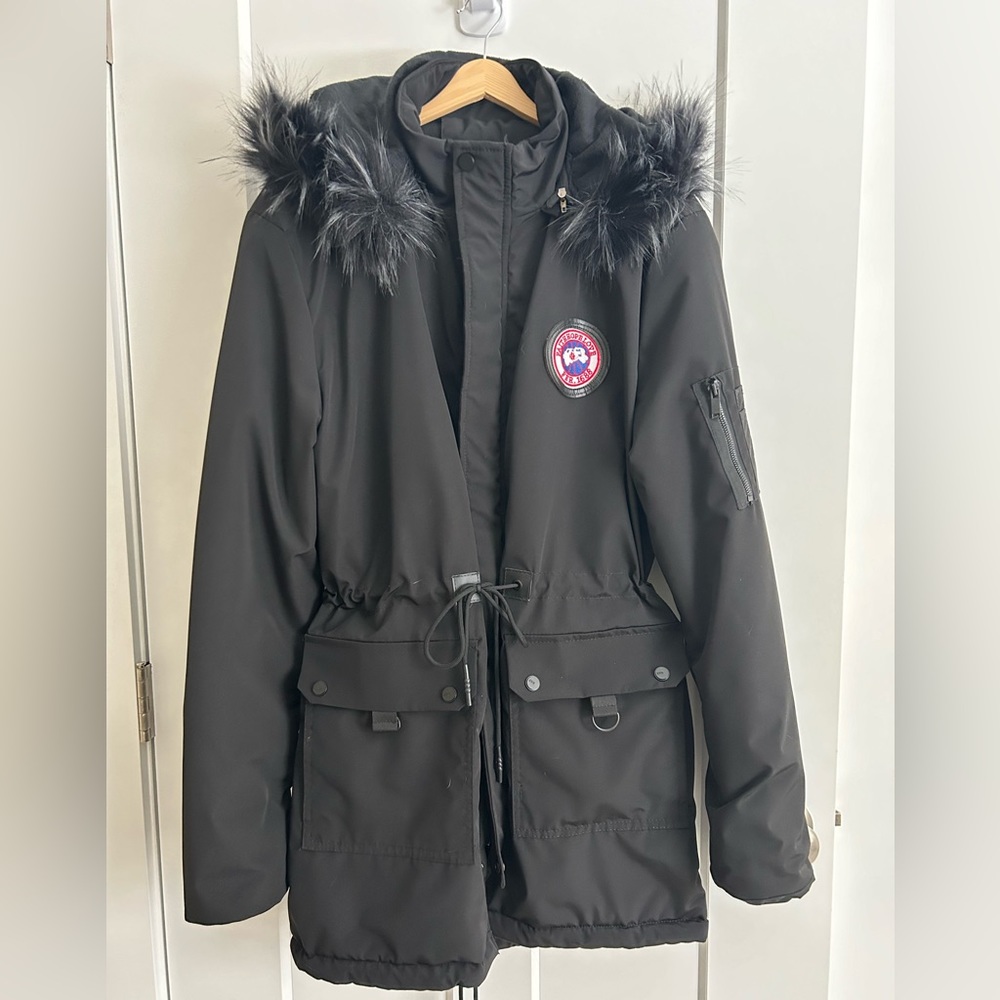 NEW black hooded parka coat.  Micro fleece lined, removable faux fur hood.
